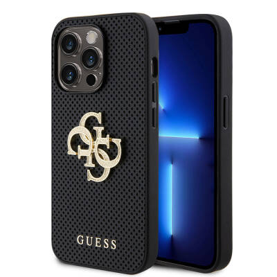 Apple iPhone 14 Pro Max Kılıf Guess Orjinal Lisanslı Delikli Yazı ve 4G Glitter Büyük Metal Logolu Kapak - Guess