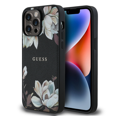 Apple iPhone 14 Pro Max Kılıf Guess Orjinal Lisanslı M-safe Şarj Özellikli Taneli Çiçek Tasarımlı Metal Yazı Logolu Kapak - Guess