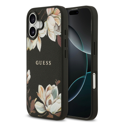 Apple iPhone 17 Kılıf Guess Orjinal Lisanslı M-safe Şarj Özellikli Taneli Çiçek Tasarımlı Metal Yazı Logolu Kapak - Guess