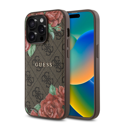 Apple iPhone 14 Pro Max Kılıf Guess Orjinal Lisanslı M-safe Şarj Özellikli Gül Baskılı 4G Desenli Yazı Logolu Kapak - Guess