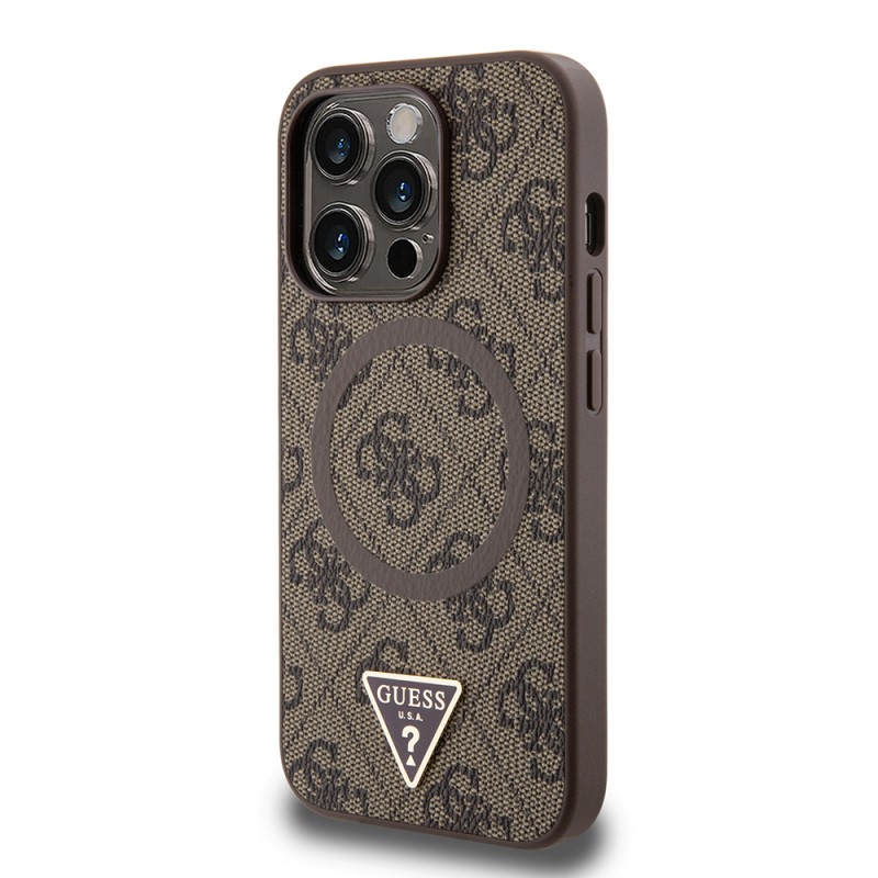Apple iPhone 14 Pro Max Kılıf Guess Orjinal Lisanslı M-safe Şarj Özellikli PU Üçgen Logo 4G Desenli Kapak - 5