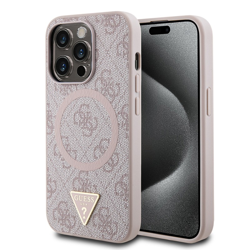 Apple iPhone 14 Pro Max Kılıf Guess Orjinal Lisanslı M-safe Şarj Özellikli PU Üçgen Logo 4G Desenli Kapak - 4
