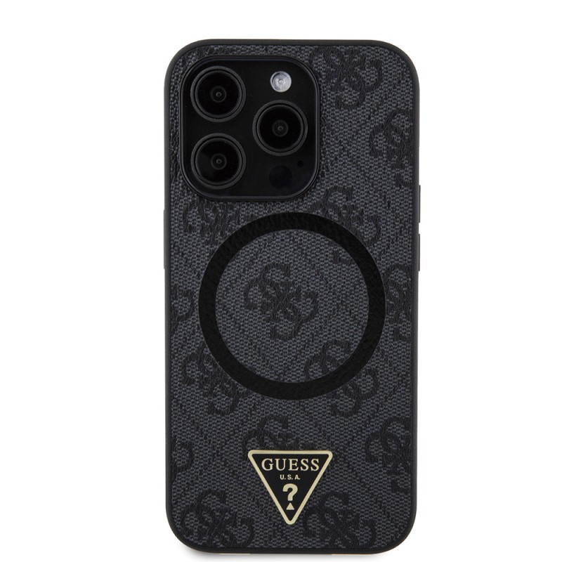 Apple iPhone 14 Pro Max Kılıf Guess Orjinal Lisanslı M-safe Şarj Özellikli PU Üçgen Logo 4G Desenli Kapak - 20