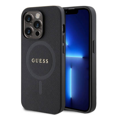 Apple iPhone 14 Pro Max Kılıf Guess Orjinal Lisanslı M-safe Şarj Özellikli Yazı Logolu Saffiano Kapak - Guess