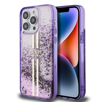 Apple iPhone 14 Pro Max Kılıf Guess Orjinal Lisanslı Transparan Sıvılı Simli Altın Çizgili Kapak - Guess