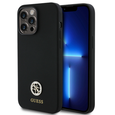 Apple iPhone 14 Pro Max Kılıf Guess Orjinal Lisanslı Yazı ve Taşlı 4G Logolu Silikon Kapak - Guess