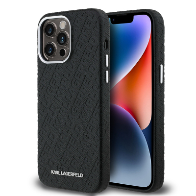 Apple iPhone 14 Pro Max Kılıf Karl Lagerfeld Orjinal Lisanslı PU Deri Damgalı Metal Yazı Logolu Kapak - Karl Lagerfeld