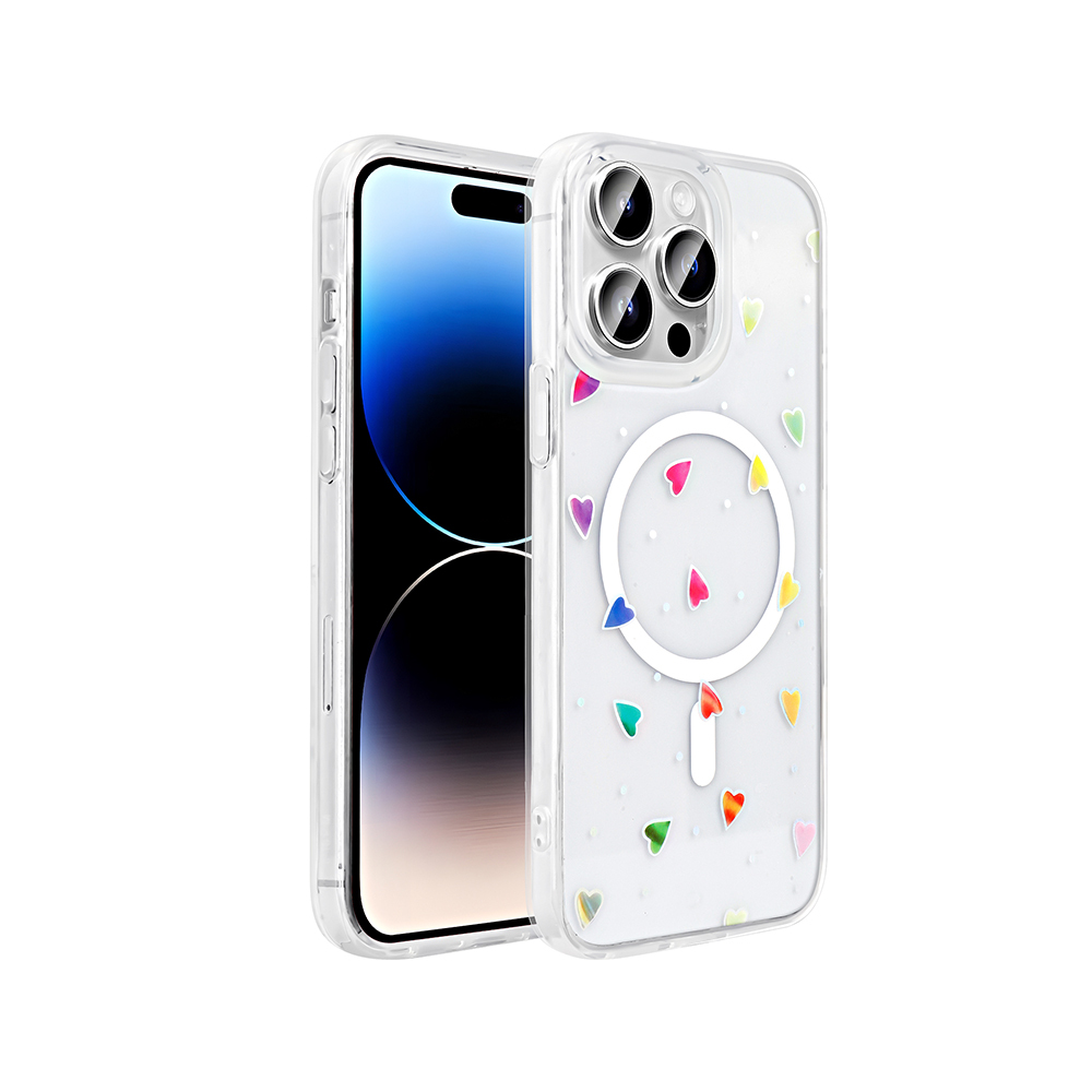 Apple iPhone 14 Pro Max Kılıf M-Safe Şarj Özellikli Şeffaf Zore Folk Sert Kapak - Kalp