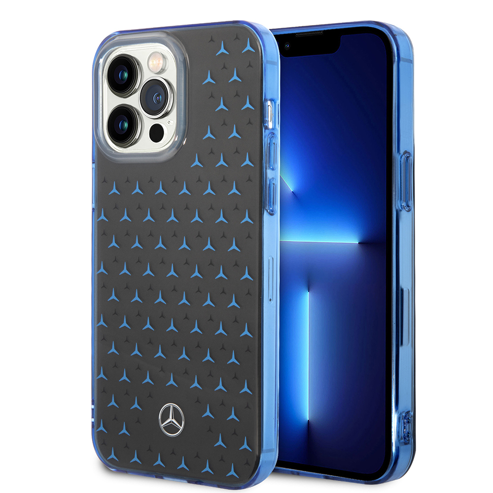 Apple iPhone 14 Pro Max Kılıf Mercedes Benz Çift Katmanlı Yıldız Desenli Dizayn Kapak - Siyah-Mavi