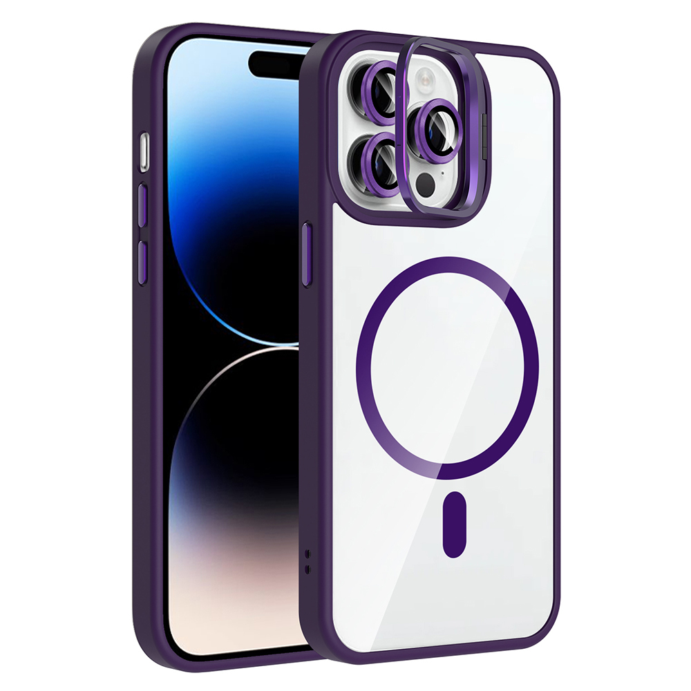 Apple iPhone 14 Pro Max Kılıf Standlı ve Kamera Lens Hediyeli M-Safe Şarj Özellikli Zore Etro Kapak - Derin Mor