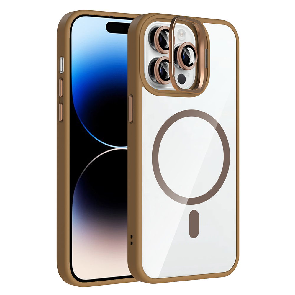 Apple iPhone 14 Pro Max Kılıf Standlı ve Kamera Lens Hediyeli M-Safe Şarj Özellikli Zore Etro Kapak - Desert Titanyum