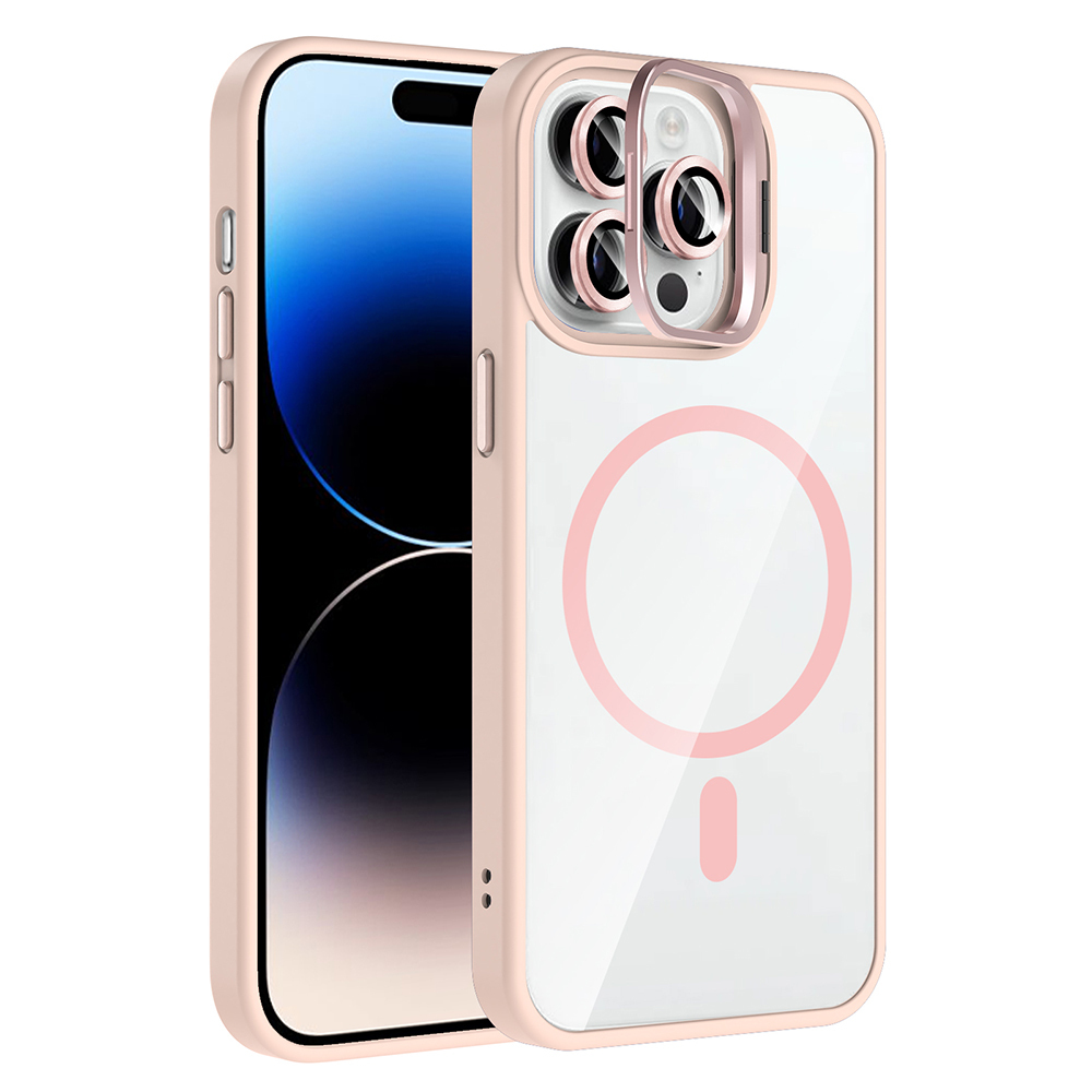 Apple iPhone 14 Pro Max Kılıf Standlı ve Kamera Lens Hediyeli M-Safe Şarj Özellikli Zore Etro Kapak - Pembe