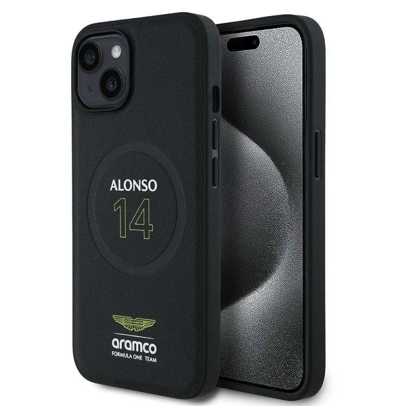 Apple iPhone 15 Case Aston Martin Original Licensed M-safe Charging Feature PU Leather Alonso 14 Printed Cover - 1