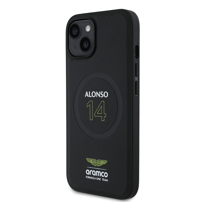 Apple iPhone 15 Case Aston Martin Original Licensed M-safe Charging Feature PU Leather Alonso 14 Printed Cover - 3