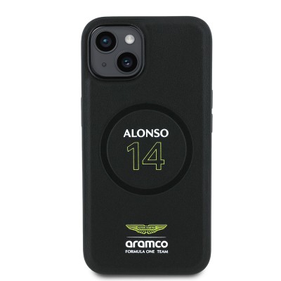 Apple iPhone 15 Case Aston Martin Original Licensed M-safe Charging Feature PU Leather Alonso 14 Printed Cover - 4