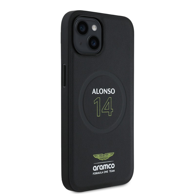 Apple iPhone 15 Case Aston Martin Original Licensed M-safe Charging Feature PU Leather Alonso 14 Printed Cover - 5