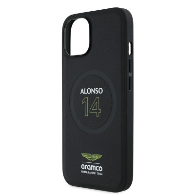 Apple iPhone 15 Case Aston Martin Original Licensed M-safe Charging Feature PU Leather Alonso 14 Printed Cover - 7