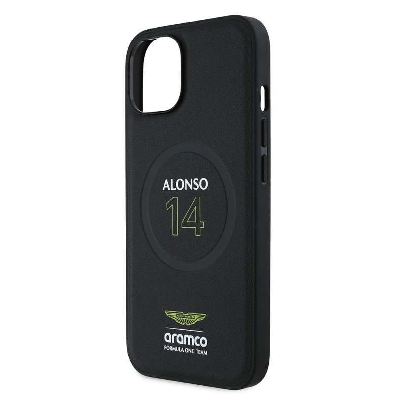 Apple iPhone 15 Case Aston Martin Original Licensed M-safe Charging Feature PU Leather Alonso 14 Printed Cover - 7