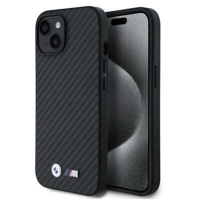 Apple iPhone 15 Case BMW Original Licensed Carbon Fiber Design and Metal Logo PU Leather Cover - BMW