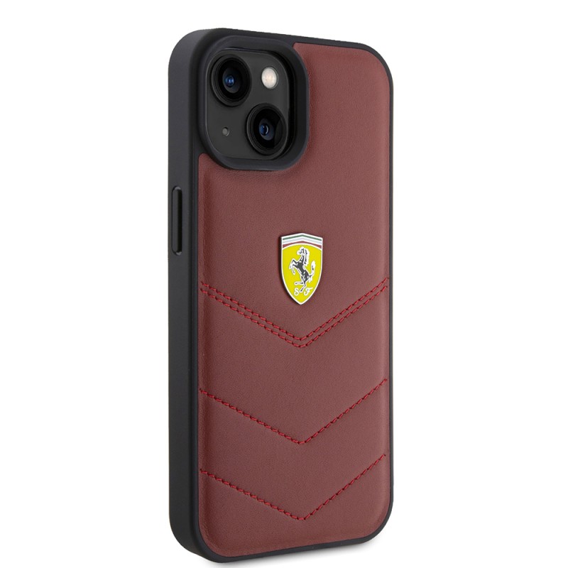 Apple iPhone 15 Case Ferrari Original Licensed Leather Stitched Back Cover with Metal Logo Design - 5