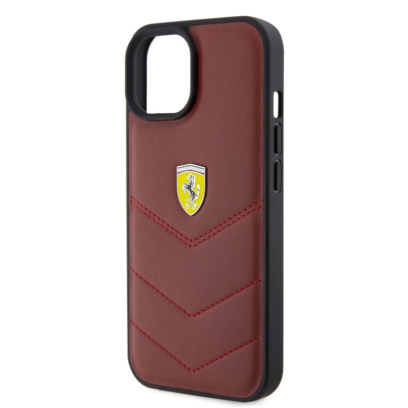 Apple iPhone 15 Case Ferrari Original Licensed Leather Stitched Back Cover with Metal Logo Design - 7