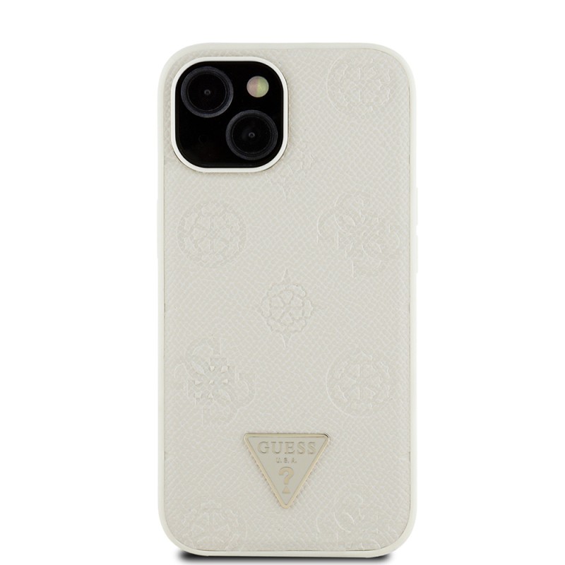 Apple iPhone 15 Case Guess Original Licensed M-safe Charging Feature Hot Printed Triangle Logo PU Leather Peony Cover - 6