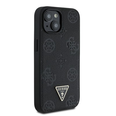 Apple iPhone 15 Case Guess Original Licensed M-safe Charging Feature Hot Printed Triangle Logo PU Leather Peony Cover - 14