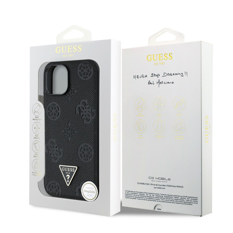 Apple iPhone 15 Case Guess Original Licensed M-safe Charging Feature Hot Printed Triangle Logo PU Leather Peony Cover - 18