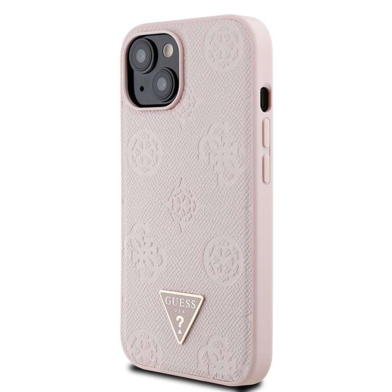 Apple iPhone 15 Case Guess Original Licensed M-safe Charging Feature Hot Printed Triangle Logo PU Leather Peony Cover - 19
