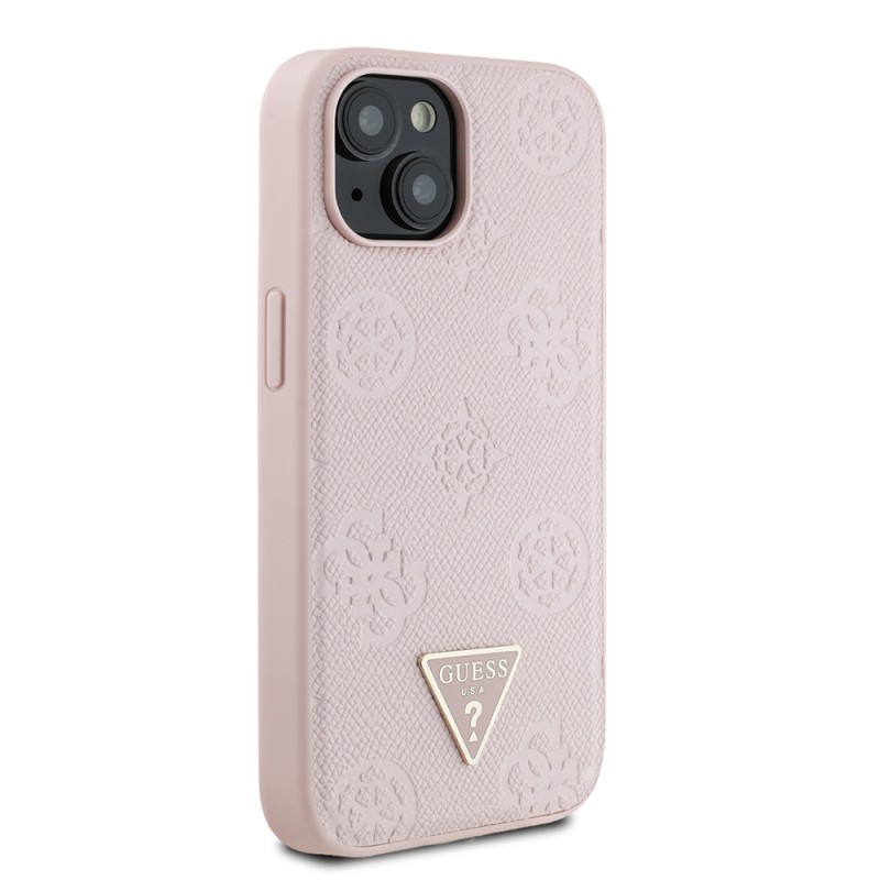 Apple iPhone 15 Case Guess Original Licensed M-safe Charging Feature Hot Printed Triangle Logo PU Leather Peony Cover - 21