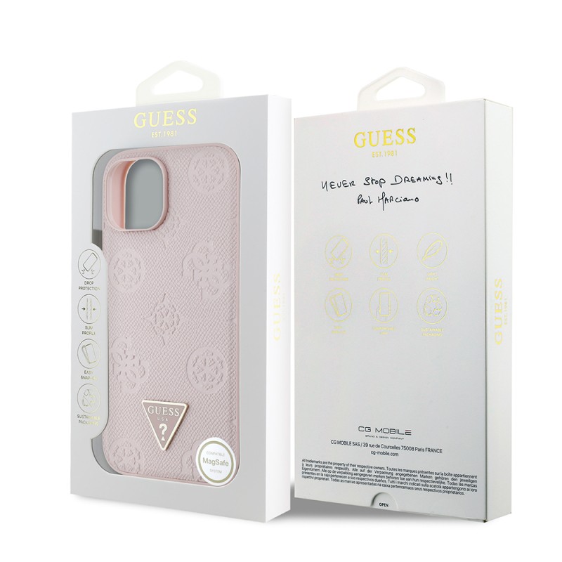 Apple iPhone 15 Case Guess Original Licensed M-safe Charging Feature Hot Printed Triangle Logo PU Leather Peony Cover - 25