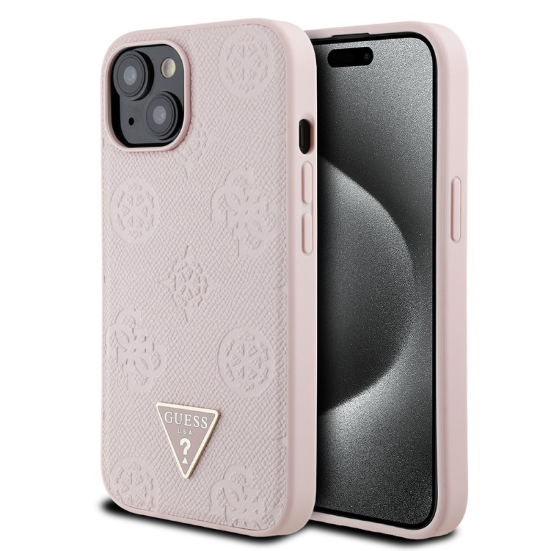 Apple iPhone 15 Case Guess Original Licensed M-safe Charging Feature Hot Printed Triangle Logo PU Leather Peony Cover - 4