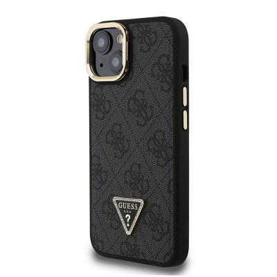 Apple iPhone 15 Case Guess Original Licensed PU Leather Stone Triangle Logo 4G Patterned Camera Stand Cover - 5