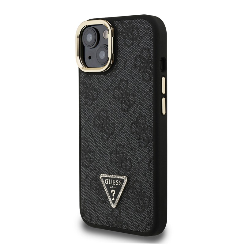 Apple iPhone 15 Case Guess Original Licensed PU Leather Stone Triangle Logo 4G Patterned Camera Stand Cover - 5