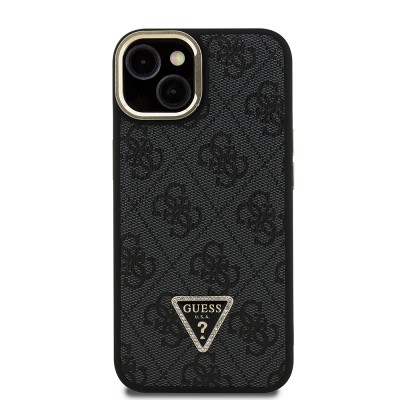 Apple iPhone 15 Case Guess Original Licensed PU Leather Stone Triangle Logo 4G Patterned Camera Stand Cover - 6