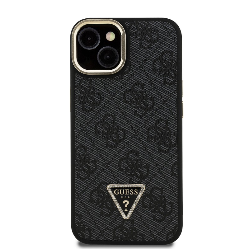 Apple iPhone 15 Case Guess Original Licensed PU Leather Stone Triangle Logo 4G Patterned Camera Stand Cover - 6