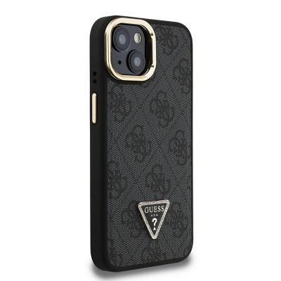 Apple iPhone 15 Case Guess Original Licensed PU Leather Stone Triangle Logo 4G Patterned Camera Stand Cover - 7