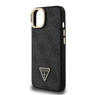 Apple iPhone 15 Case Guess Original Licensed PU Leather Stone Triangle Logo 4G Patterned Camera Stand Cover - 9
