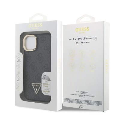 Apple iPhone 15 Case Guess Original Licensed PU Leather Stone Triangle Logo 4G Patterned Camera Stand Cover - 11