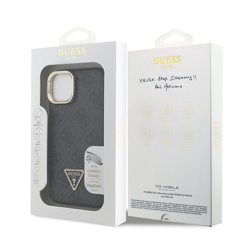 Apple iPhone 15 Case Guess Original Licensed PU Leather Stone Triangle Logo 4G Patterned Camera Stand Cover - 11