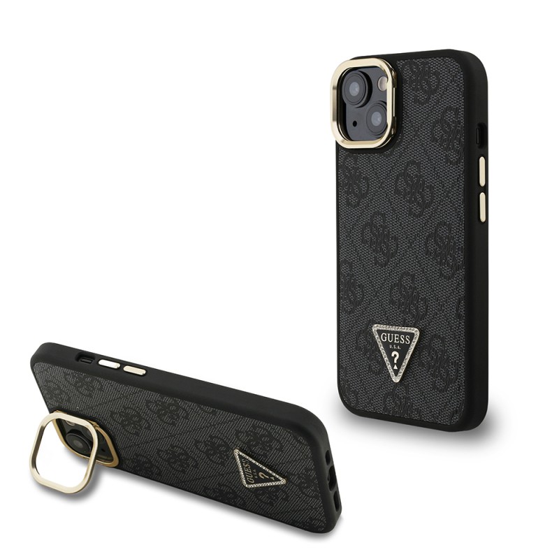 Apple iPhone 15 Case Guess Original Licensed PU Leather Stone Triangle Logo 4G Patterned Camera Stand Cover - 2