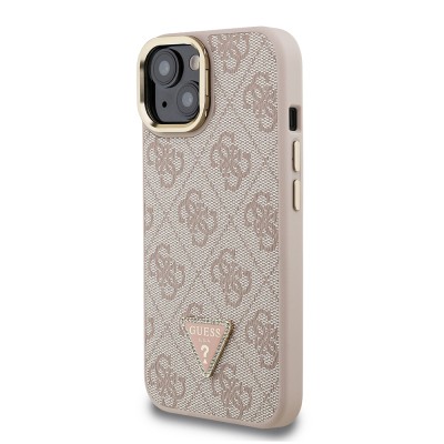 Apple iPhone 15 Case Guess Original Licensed PU Leather Stone Triangle Logo 4G Patterned Camera Stand Cover - 12