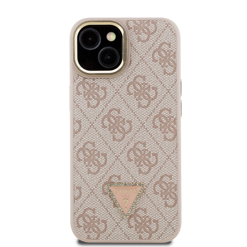 Apple iPhone 15 Case Guess Original Licensed PU Leather Stone Triangle Logo 4G Patterned Camera Stand Cover - 13