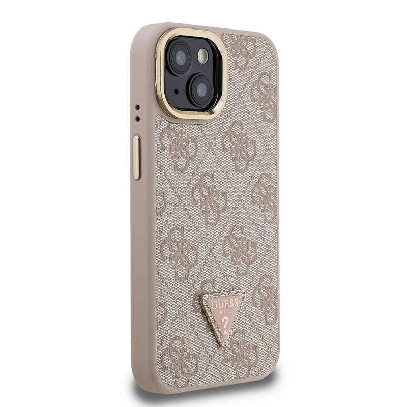 Apple iPhone 15 Case Guess Original Licensed PU Leather Stone Triangle Logo 4G Patterned Camera Stand Cover - 14