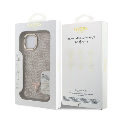 Apple iPhone 15 Case Guess Original Licensed PU Leather Stone Triangle Logo 4G Patterned Camera Stand Cover - 18