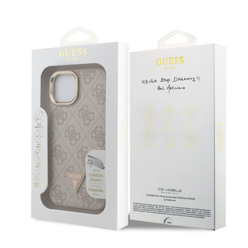 Apple iPhone 15 Case Guess Original Licensed PU Leather Stone Triangle Logo 4G Patterned Camera Stand Cover - 18