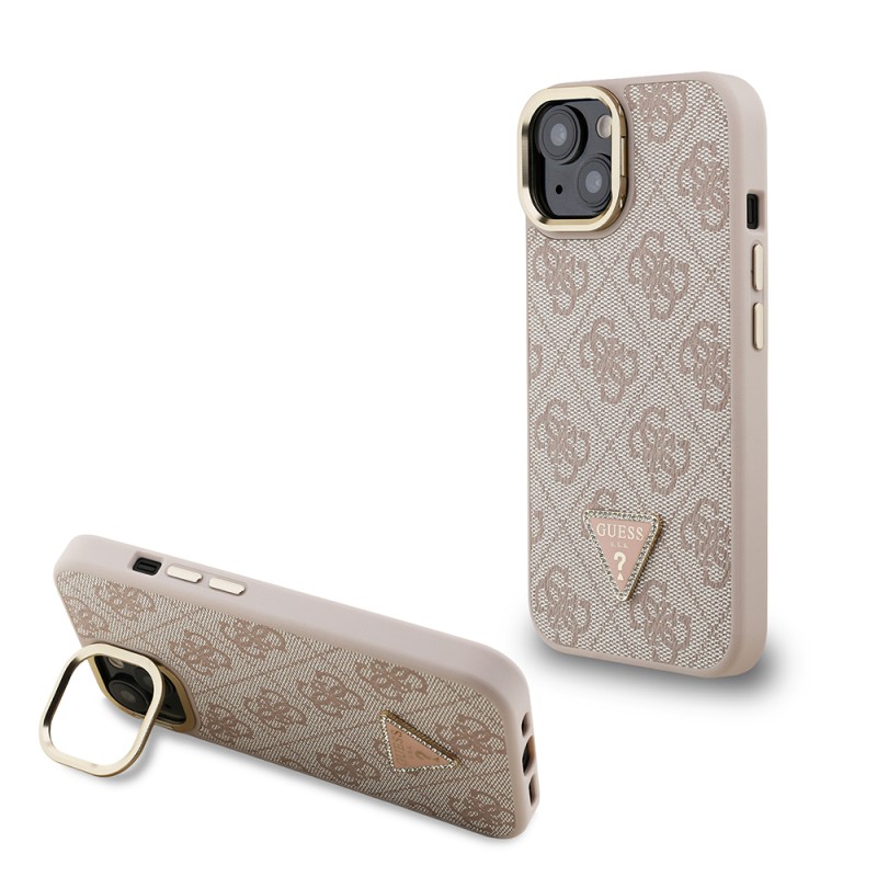 Apple iPhone 15 Case Guess Original Licensed PU Leather Stone Triangle Logo 4G Patterned Camera Stand Cover - 3