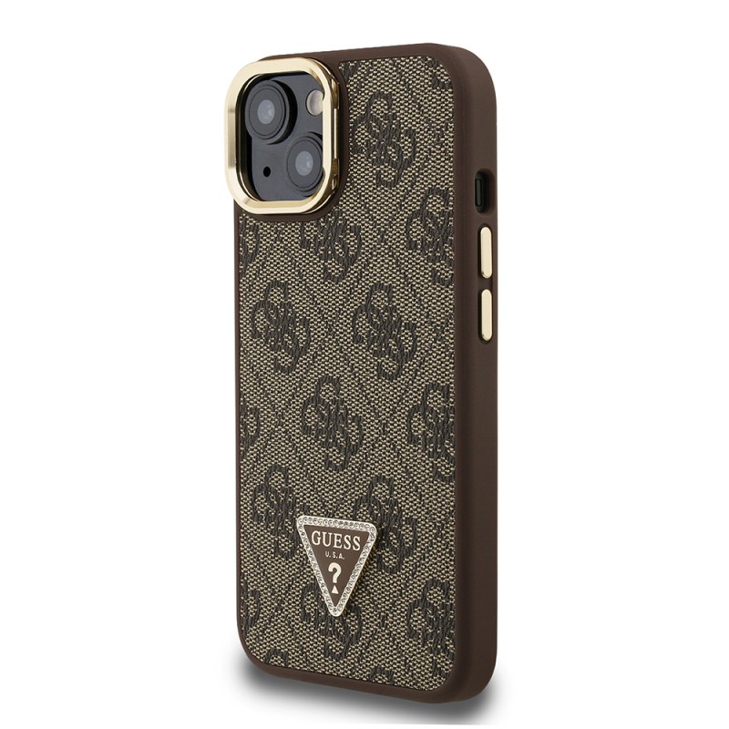 Apple iPhone 15 Case Guess Original Licensed PU Leather Stone Triangle Logo 4G Patterned Camera Stand Cover - 19