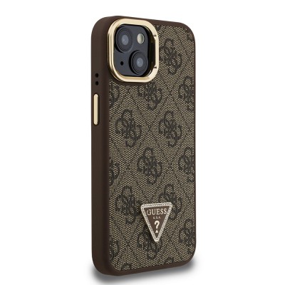 Apple iPhone 15 Case Guess Original Licensed PU Leather Stone Triangle Logo 4G Patterned Camera Stand Cover - 21