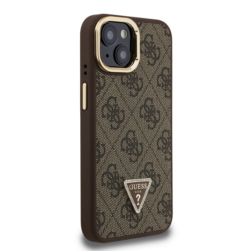 Apple iPhone 15 Case Guess Original Licensed PU Leather Stone Triangle Logo 4G Patterned Camera Stand Cover - 21